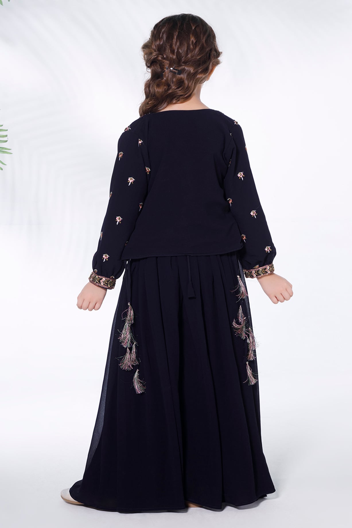 Navy Blue Georgette Embroidered Jacket Set For Girls by Ministitch