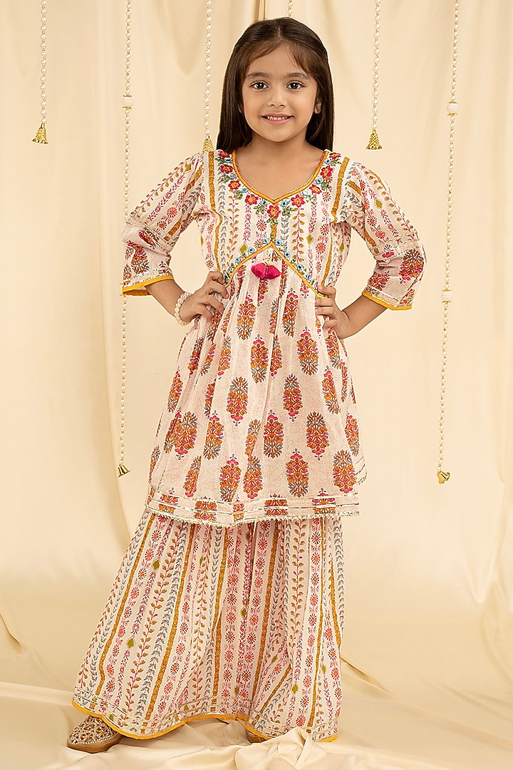 Cream Cotton Floral Printed Sharara Set For Girls by Ministitch at Pernia's Pop Up Shop