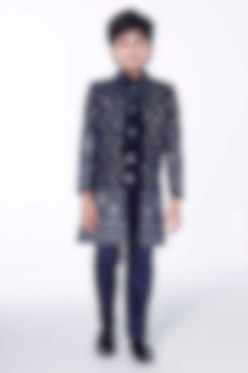 Royal Blue Velvet Embroidered Sherwani Set For Boys by Ministitch at Pernia's Pop Up Shop