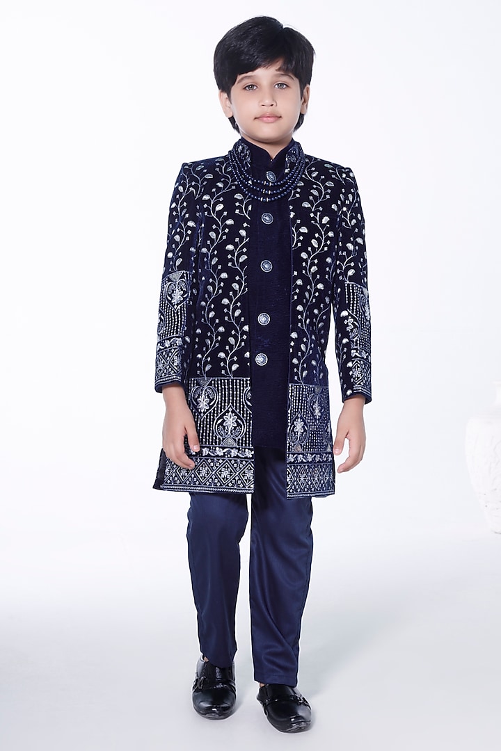 Royal Blue Velvet Embroidered Sherwani Set For Boys by Ministitch at Pernia's Pop Up Shop