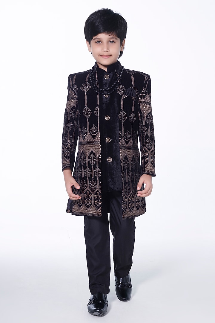 Black Velvet Embroidered Sherwani Set For Boys by Ministitch at Pernia's Pop Up Shop