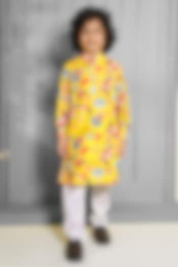Yellow Muslin Cotton & Cotton Silk Floral Printed Kurta Set For Boys by Ministitch at Pernia's Pop Up Shop