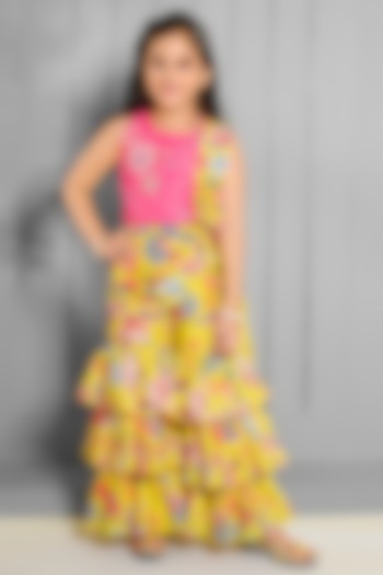 Yellow Cotton Silk & Muslin Cotton Printed Tiered Sharara Set For Girls by Ministitch at Pernia's Pop Up Shop