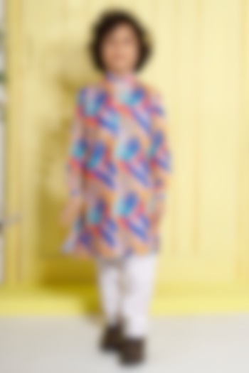 Blue Muslin Cotton & Cotton Silk Printed Kurta Set For Boys by Ministitch at Pernia's Pop Up Shop