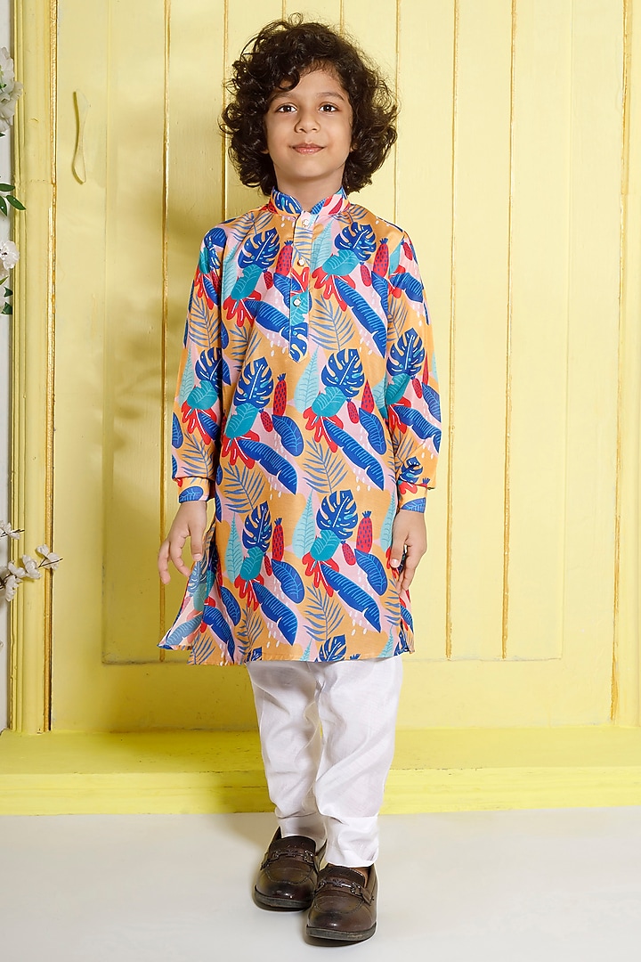 Blue Muslin Cotton & Cotton Silk Printed Kurta Set For Boys by Ministitch at Pernia's Pop Up Shop