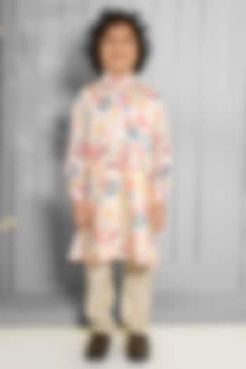 Cream Muslin & Cotton Silk Floral Printed Kurta Set For Boys by Ministitch at Pernia's Pop Up Shop