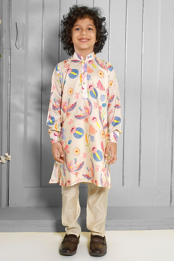Cream Muslin & Cotton Silk Floral Printed Kurta Set For Boys by Ministitch at Pernia's Pop Up Shop