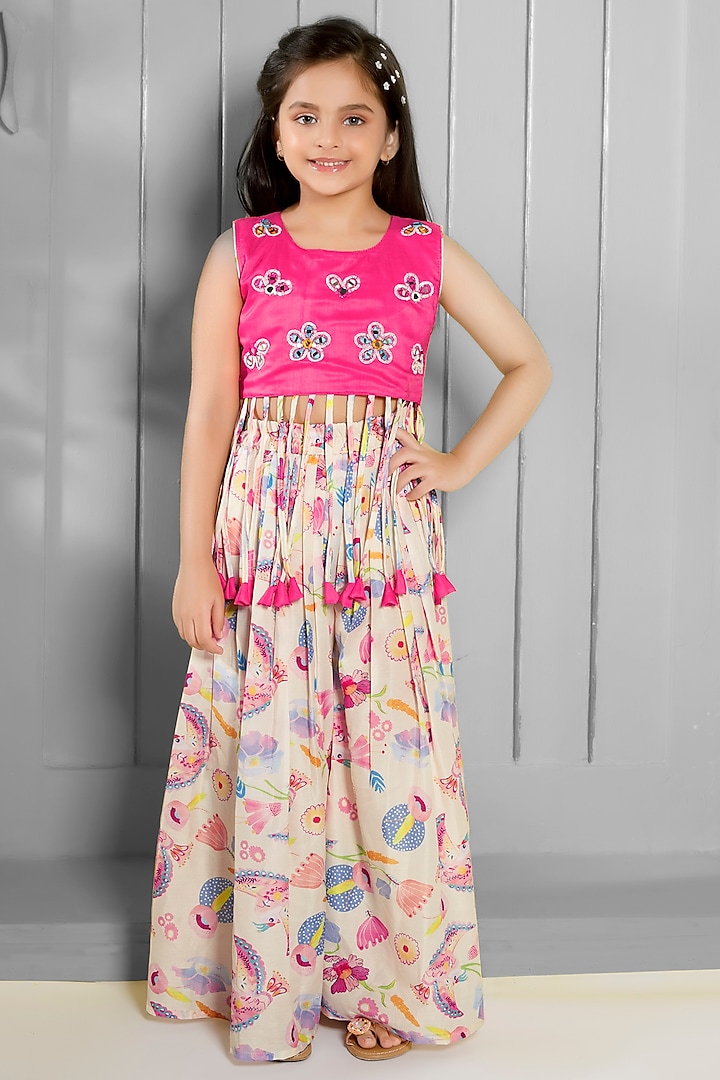Cream Muslin & Cotton Silk Printed Palazzo Pant Set For Girls by Ministitch at Pernia's Pop Up Shop