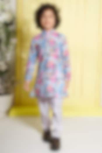 Sky Blue Cotton Silk & Muslin Cotton Floral Printed Kurta Set For Boys by Ministitch at Pernia's Pop Up Shop