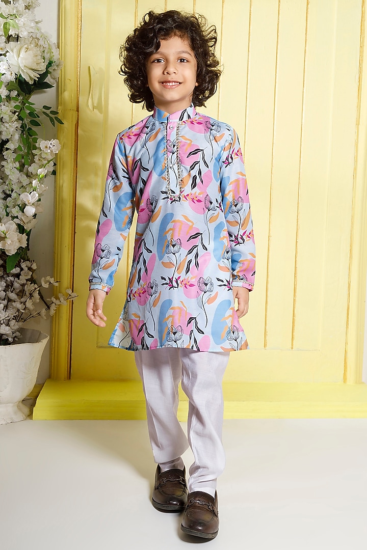 Sky Blue Cotton Silk & Muslin Cotton Floral Printed Kurta Set For Boys by Ministitch at Pernia's Pop Up Shop