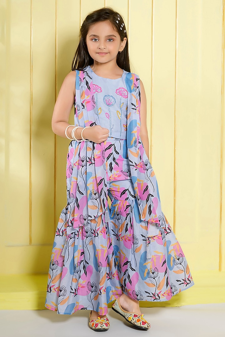 Sky Blue Cotton Silk & Muslin Cotton Floral Printed Sharara Set For Girls by Ministitch at Pernia's Pop Up Shop