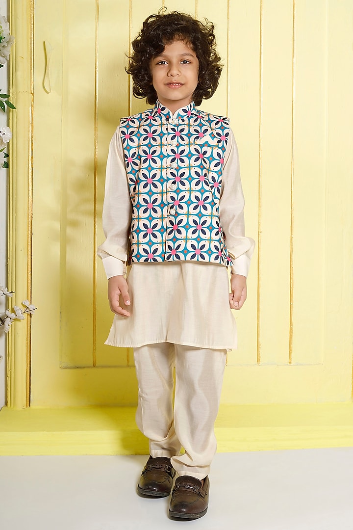 Multi-Colored Cotton Silk & Muslin Cotton Printed Nehru Jacket Set For Boys by Ministitch at Pernia's Pop Up Shop