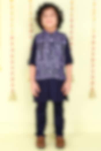 Navy Blue Cotton Silk Thread Embroidered Jacket Set For Boys by Ministitch at Pernia's Pop Up Shop