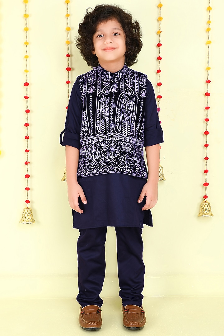 Navy Blue Cotton Silk Thread Embroidered Jacket Set For Boys by Ministitch at Pernia's Pop Up Shop