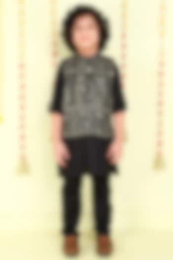 Black Cotton Silk Thread Embroidered Jacket Set For Boys by Ministitch at Pernia's Pop Up Shop