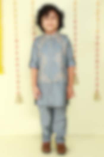 Grey Jacquard Zari Embroidered Jacket Set For Boys by Ministitch at Pernia's Pop Up Shop