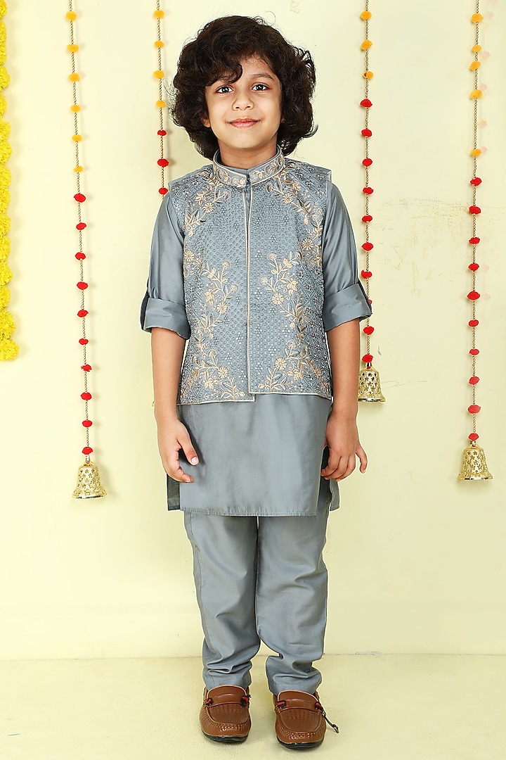 Grey Jacquard Zari Embroidered Jacket Set For Boys by Ministitch at Pernia's Pop Up Shop