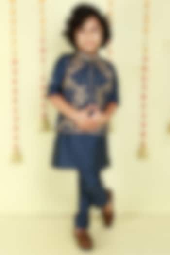 Teal Jacquard Zari Embroidered Jacket Set For Boys by Ministitch at Pernia's Pop Up Shop