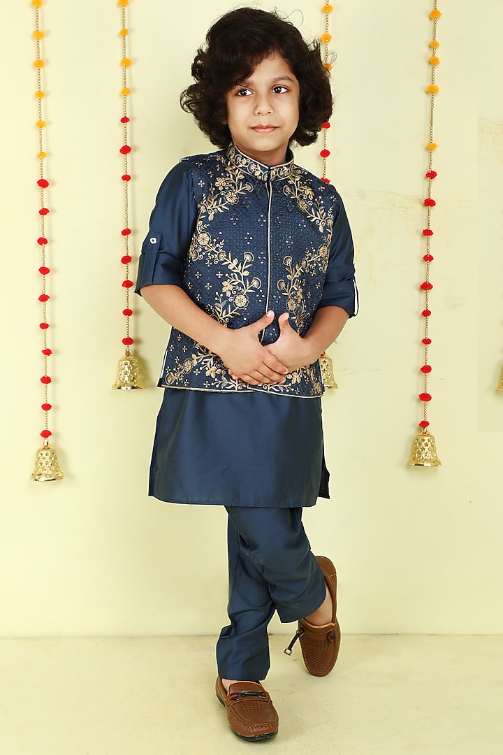 Teal Jacquard Zari Embroidered Jacket Set For Boys by Ministitch at Pernia's Pop Up Shop