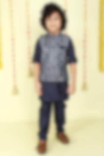 Navy Blue Woven Jacquard Zari Work Waistcoat Set For Boys by Ministitch at Pernia's Pop Up Shop