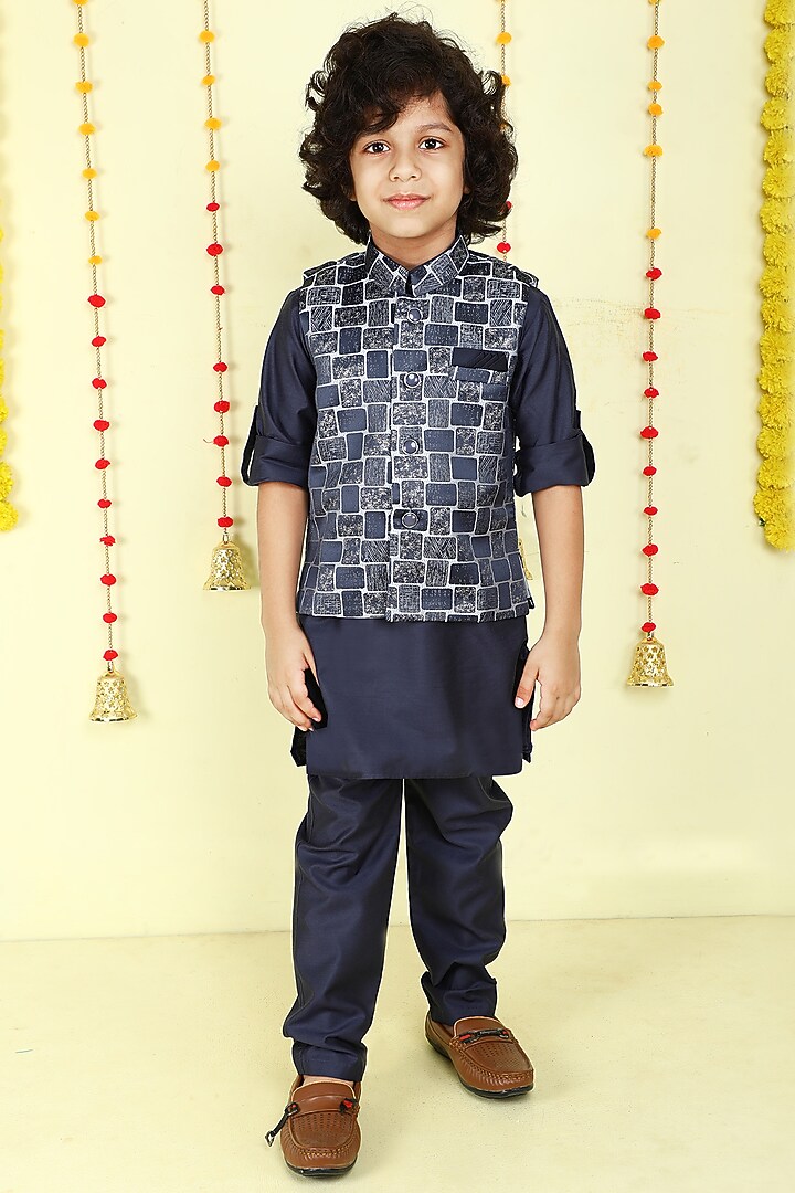 Navy Blue Woven Jacquard Zari Work Waistcoat Set For Boys by Ministitch at Pernia's Pop Up Shop