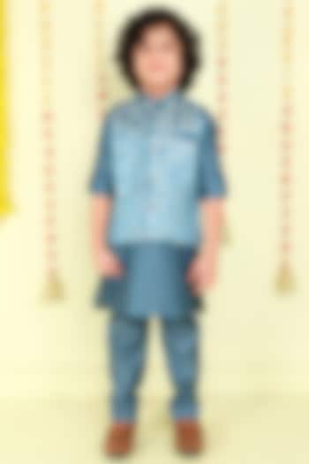 Teal Woven Jacquard Zari Work Waistcoat Set For Boys by Ministitch at Pernia's Pop Up Shop