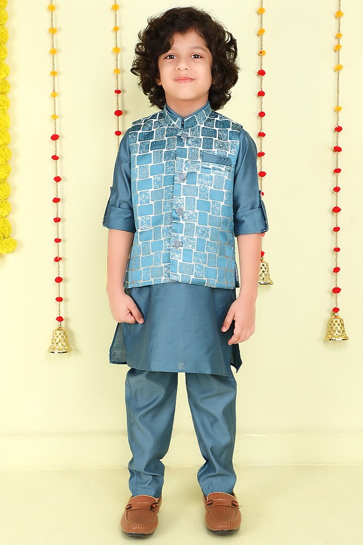 Teal Woven Jacquard Zari Work Waistcoat Set For Boys by Ministitch at Pernia's Pop Up Shop