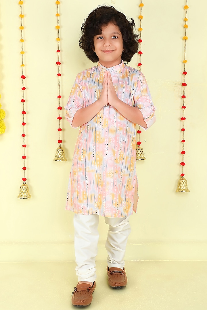 Pink Cotton Silk Floral Printed Tie-Dye kurta Set For Boys by Ministitch at Pernia's Pop Up Shop