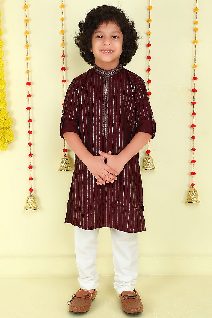 Wine Cotton Silk Foil Printed Kurta Set For Boys by Ministitch at Pernia's Pop Up Shop
