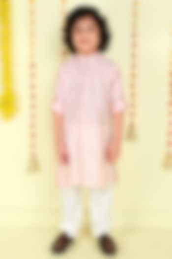 Peach Cotton Silk Foil Printed Kurta Set For Boys by Ministitch at Pernia's Pop Up Shop
