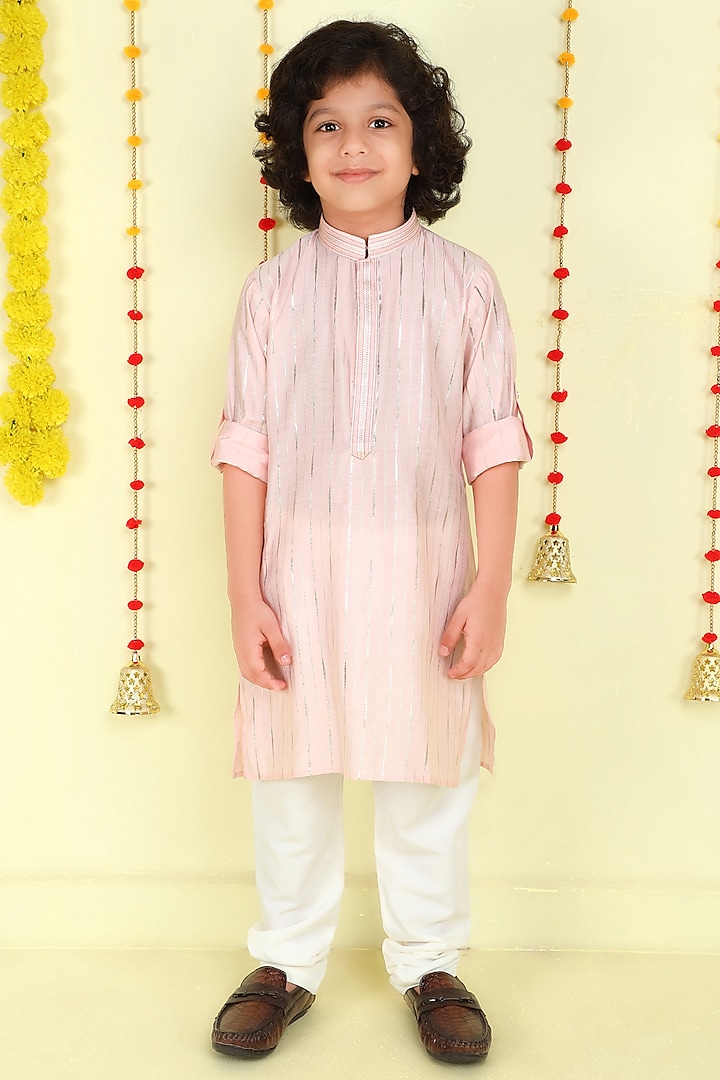 Peach Cotton Silk Foil Printed Kurta Set For Boys by Ministitch at Pernia's Pop Up Shop
