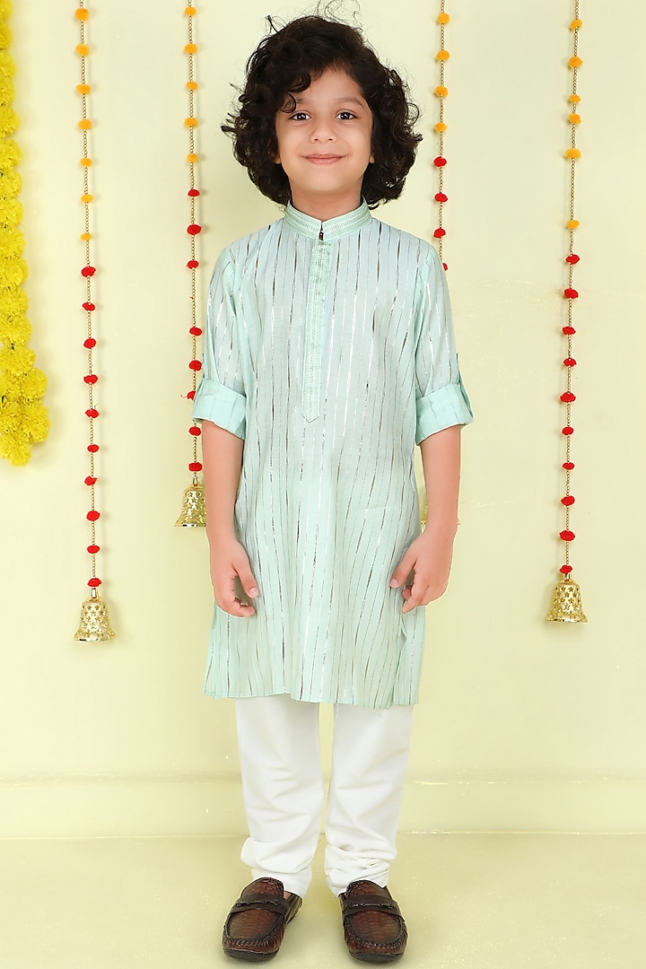 Sea green Cotton Silk Foil Printed Kurta Set For Boys by Ministitch at Pernia's Pop Up Shop