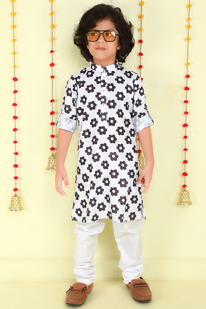 White Cotton Silk Floral Retro Printed Kurta Set For Boys by Ministitch at Pernia's Pop Up Shop