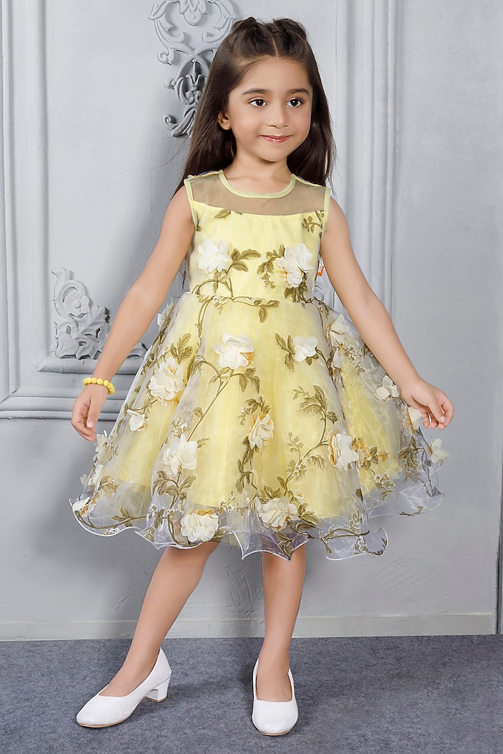 Yellow Organza Embroidered Dress For Girls by Ministitch at Pernia's Pop Up Shop