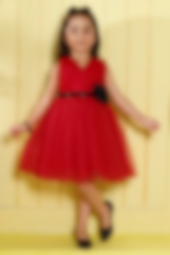 Red Net Embellished Dress For Girls by Ministitch at Pernia's Pop Up Shop