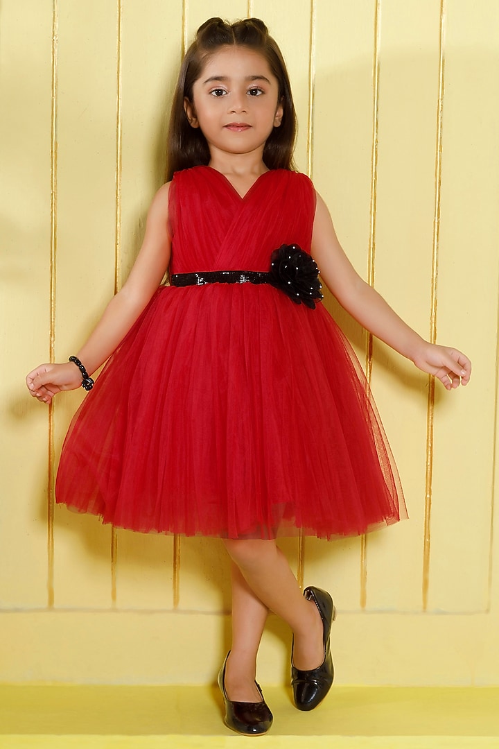 Red Net Embellished Dress For Girls by Ministitch at Pernia's Pop Up Shop