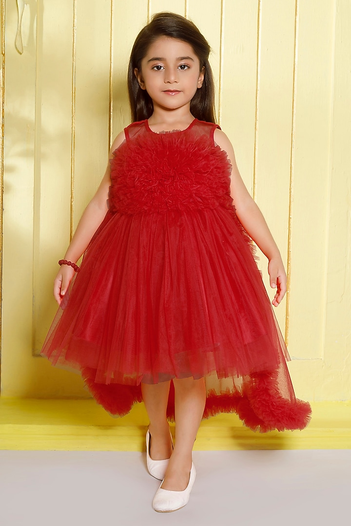Red Net High-Low Dress For Girls by Ministitch at Pernia's Pop Up Shop