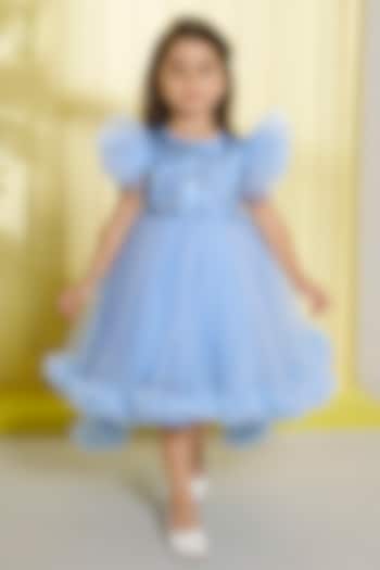 Sky Blue Net Embellished Dress For Girls by Ministitch at Pernia's Pop Up Shop