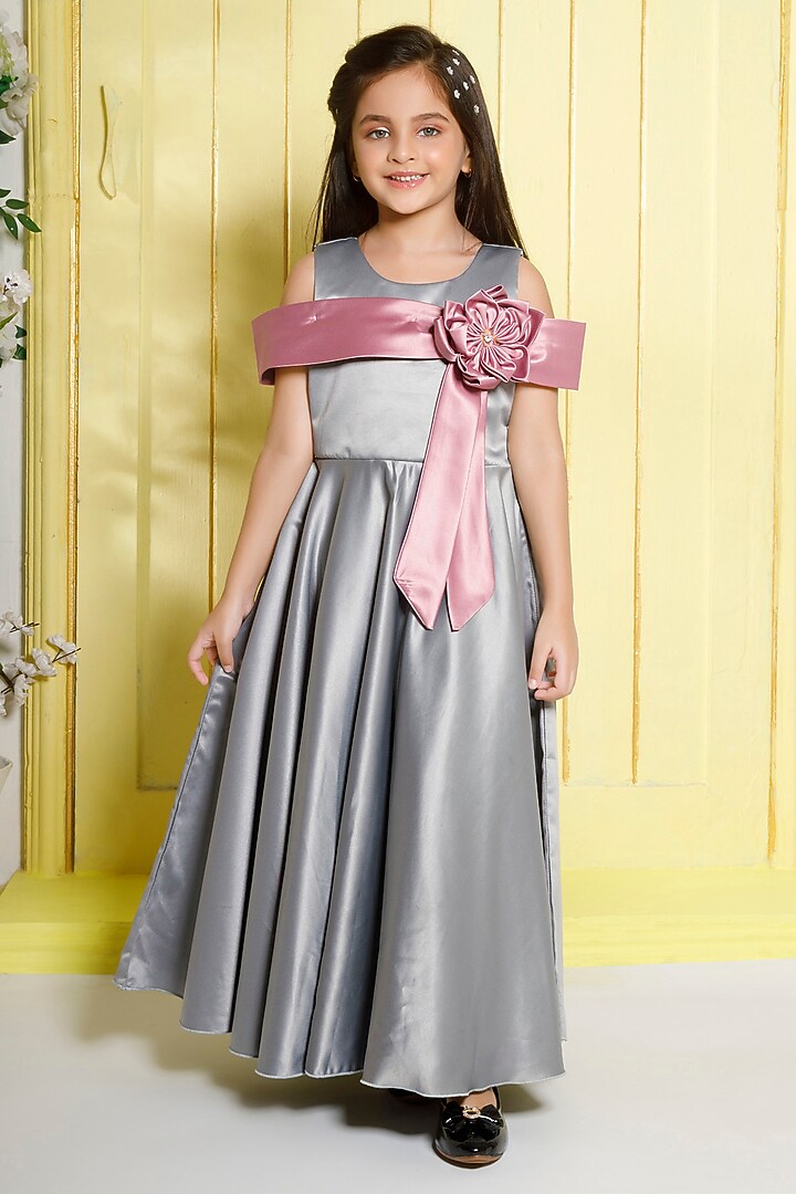 Olive Satin Pleated Gown For Girls by Ministitch at Pernia's Pop Up Shop