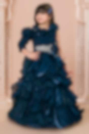 Teal Organza Embellished Ruffled Gown For Girls by Ministitch at Pernia's Pop Up Shop