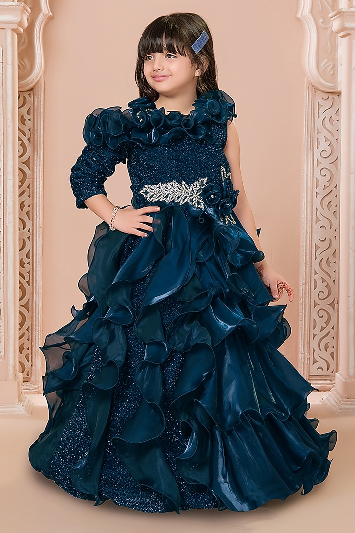 Teal Organza Embellished Ruffled Gown For Girls by Ministitch at Pernia's Pop Up Shop