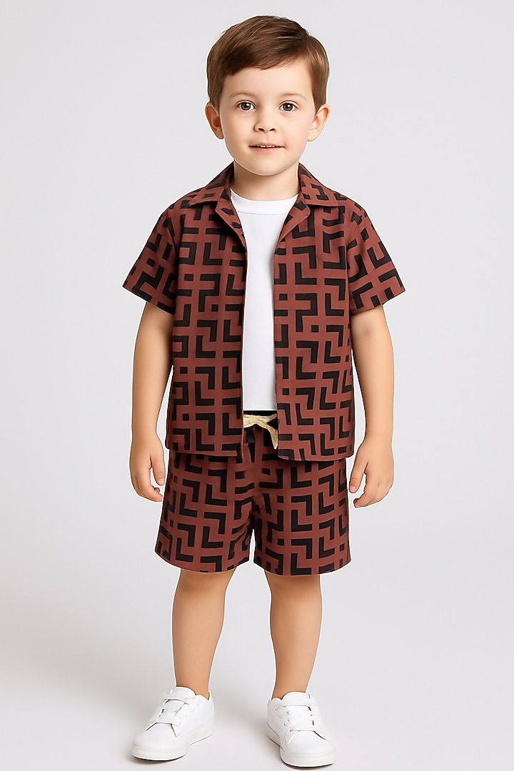 Brown & Black Cotton Blend Geometric Printed Co-Ord Set For Boys by Ministitch at Pernia's Pop Up Shop