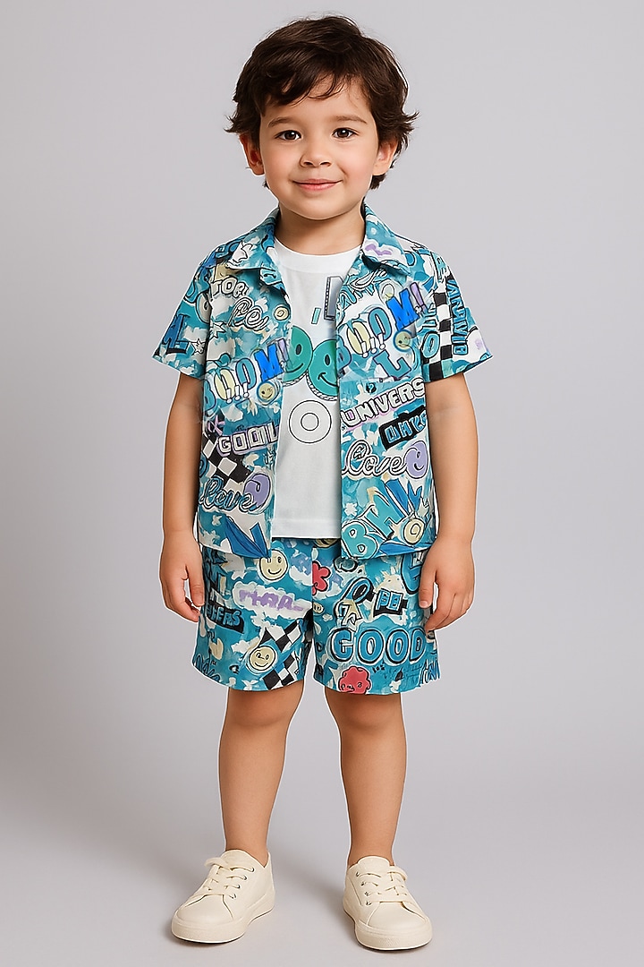 Blue Cotton Blend Printed Co-Ord Set For Boys For Boys by Ministitch at Pernia's Pop Up Shop