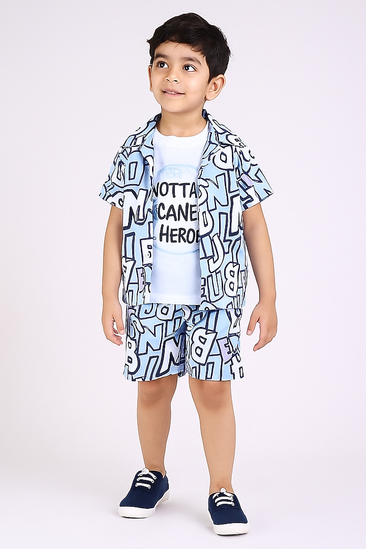 Blue Cotton Blend Printed Co-Ord Set For Boys by Ministitch at Pernia's Pop Up Shop