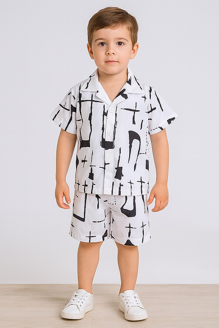 White Cotton Blend Abstract Printed Co-Ord Set For Boys by Ministitch at Pernia's Pop Up Shop