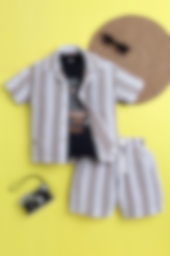 Beige & White Organic Cotton Stripe Printed Co-Ord Set For Boys by Ministitch at Pernia's Pop Up Shop