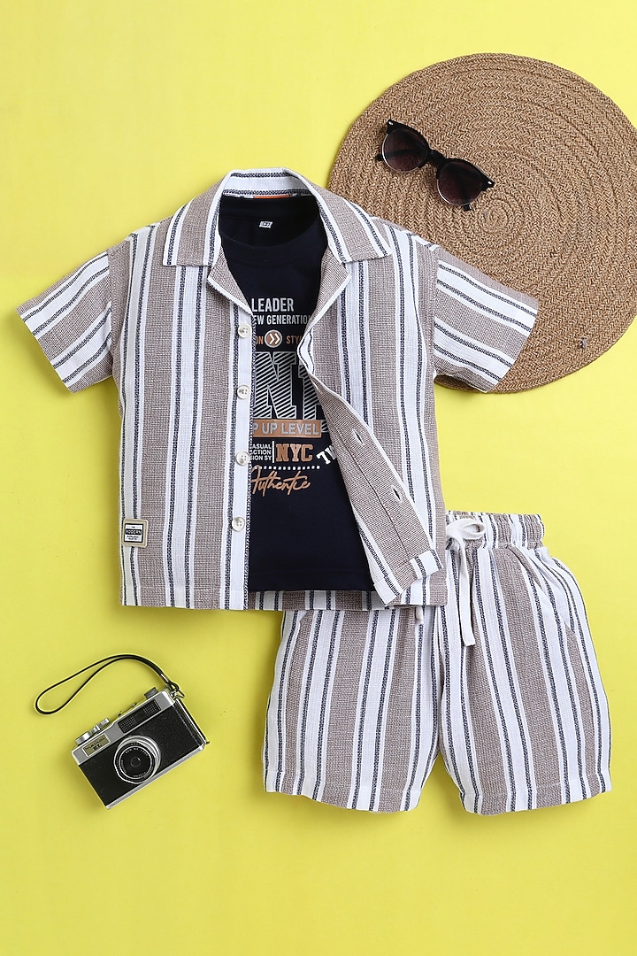 Beige & White Organic Cotton Stripe Printed Co-Ord Set For Boys by Ministitch at Pernia's Pop Up Shop