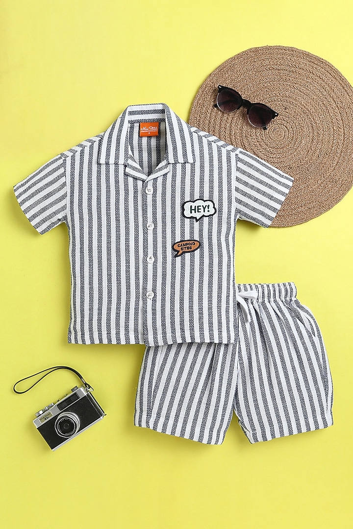 Blue & White Organic Cotton Stripe Printed Co-Ord Set For Boys by Ministitch at Pernia's Pop Up Shop
