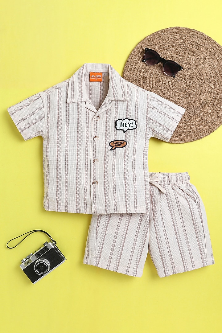 Cream & Brown Organic Cotton Stripe Printed Co-Ord Set For Boys by Ministitch at Pernia's Pop Up Shop