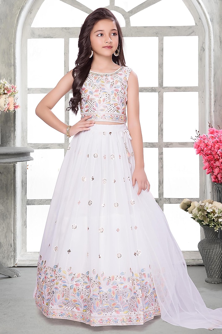 Off-White Tissue Cutdana & Floral Embroidered Lehenga Set For Girls by Ministitch at Pernia's Pop Up Shop